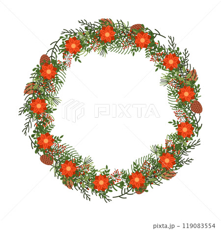 Christmas wreath with flowers and cones flat vector object 119083554