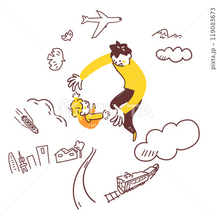 空中でハイタッチする父親と赤ちゃん　充実した親子関係をイメージしたストックイラスト素材 119083673