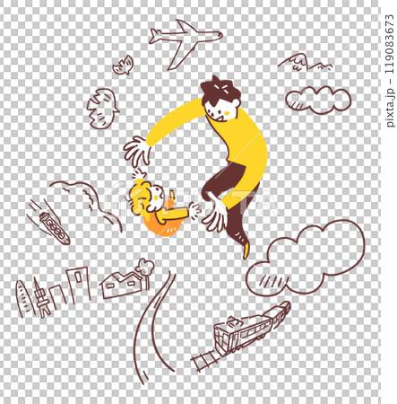 空中でハイタッチする父親と赤ちゃん　充実した親子関係をイメージしたストックイラスト素材 119083673