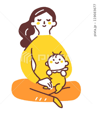膝に抱っこされている赤ちゃんとそれを見守る母親　ストックイラスト素材	 119083677