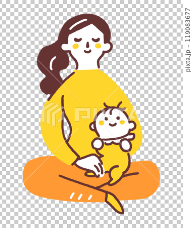 膝に抱っこされている赤ちゃんとそれを見守る母親　ストックイラスト素材	 119083677