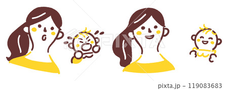 笑顔の母親と赤ちゃん　泣きだす赤ちゃんと驚く母親　セットのストックイラスト素材 119083683
