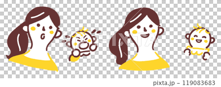 笑顔の母親と赤ちゃん　泣きだす赤ちゃんと驚く母親　セットのストックイラスト素材 119083683