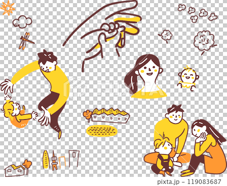 年輕夫婦養育孩子和城鎮佈景的庫存插畫素材 119083687