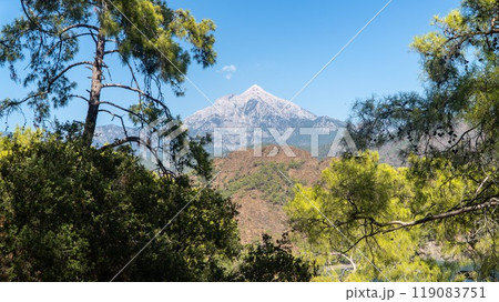 Tahtali Olympos mountain peak as seen from the Lycian Way in Cirali, Antalya, Turkey. The scenic landscape features lush forests, blue skies, and rugged slopes. Tahtali Olympos mountain peak as seen from the Lycian Way in Cirali, Antalya, Turkey. The scenic landscape features lush forests, blue skies, and rugged slopes. 119083751