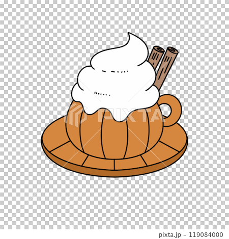 A pumpkin shaped cup with whipped cream and cinnamon sticks on top A pumpkin shaped cup with whipped cream and cinnamon sticks on top 119084000