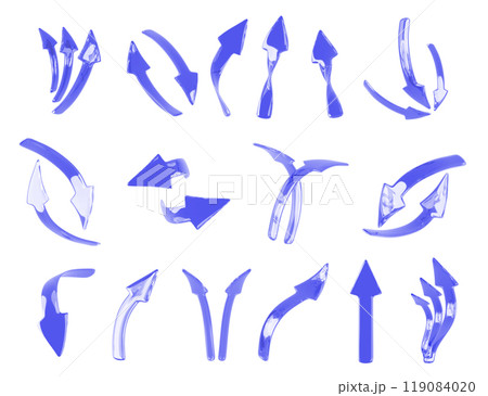 3d set of glass blue arrow isolated render icon set. Realistic straight, curved, spiral direction pointer up, down, left and right. Double, triple and circular symbol for infographic. 3D illustration 3d set of glass blue arrow isolated render icon set. Realistic straight, curved, spiral direction pointer up, down, left and right. Double, triple and circular symbol for infographic. 3D illustration 119084020