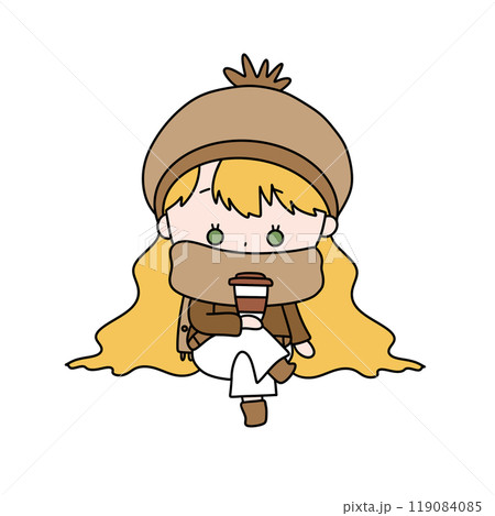 A girl with blonde hair is sitting down and drinking a cup of coffee 119084085