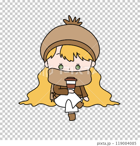 A girl with blonde hair is sitting down and drinking a cup of coffee 119084085