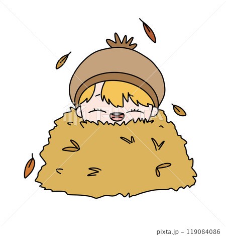 A cartoon character is sleeping in a pile of leaves 119084086