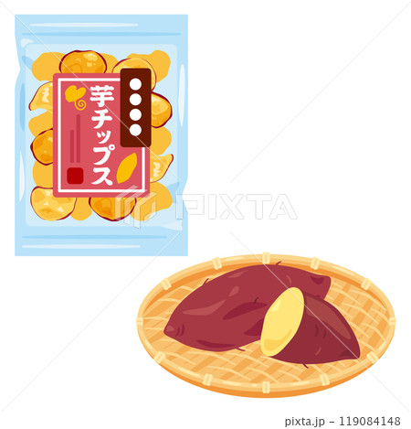 袋入りの芋チップスとザルに盛られたさつまいも 119084148