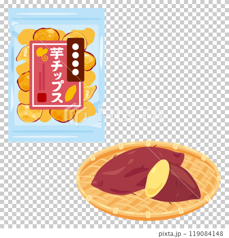 A bag of potato chips and sweet potatoes in a colander A bag of potato chips and sweet potatoes in a colander 119084148