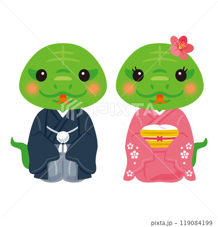 晴れ姿の巳年の緑蛇キャラクター　男女2 119084199