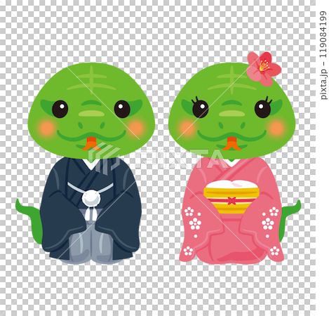 晴れ姿の巳年の緑蛇キャラクター　男女2 119084199