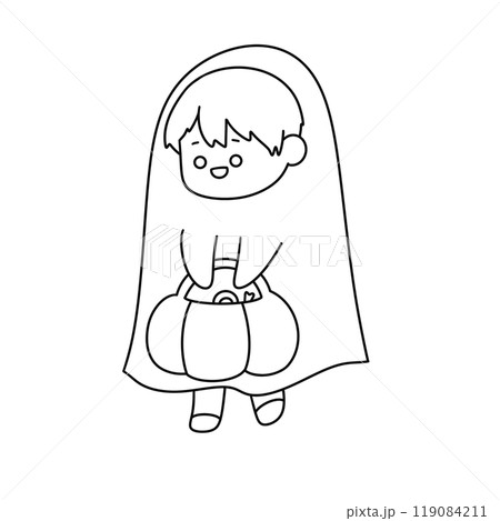 A boy is holding a pumpkin in a Halloween costume 119084211