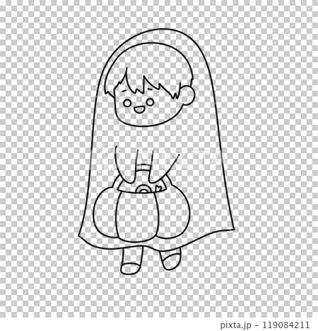 A boy is holding a pumpkin in a Halloween costume 119084211