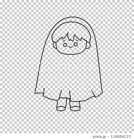 A young girl is wearing a long white dress and a hood 119084215