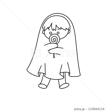 A child is holding a lollipop and is wearing a Halloween costume 119084219