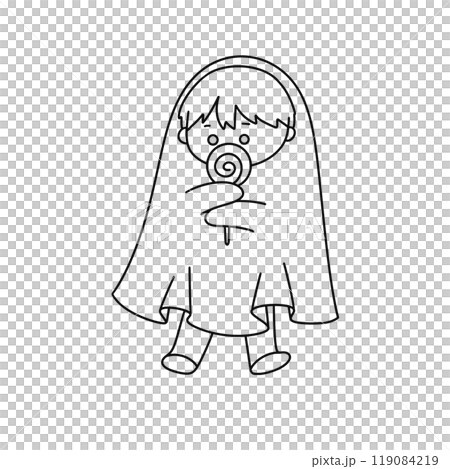 A child is holding a lollipop and is wearing a Halloween costume 119084219
