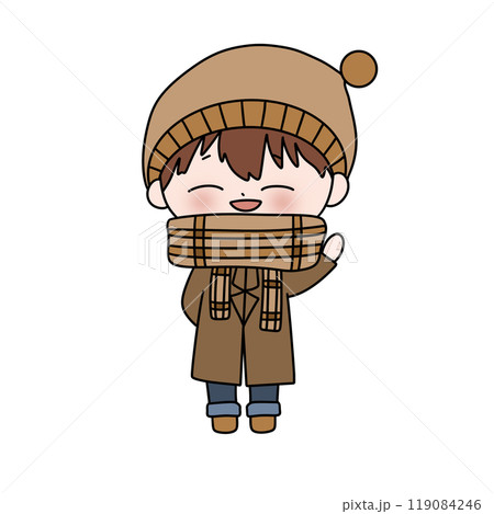 A cartoon boy wearing a brown hat and scarf is smiling and waving 119084246