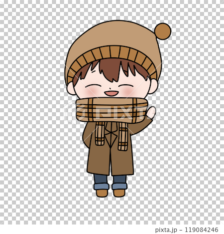 A cartoon boy wearing a brown hat and scarf is smiling and waving 119084246