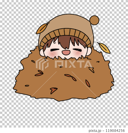 A cartoon character is sleeping in a pile of leaves 119084256