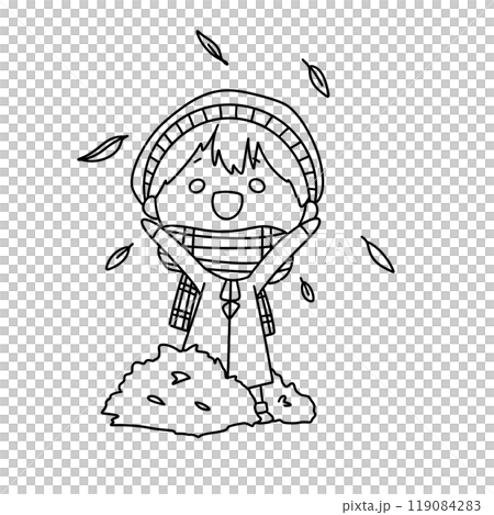 A child is standing in the rain with a hat on and is smiling 119084283