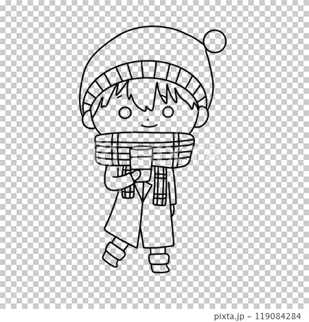 A boy wearing a hat and scarf is holding a cup 119084284