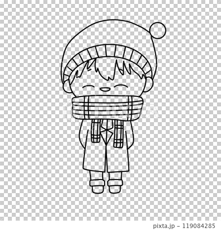 A boy in a hat and scarf is holding a scarf around his neck A boy in a hat and scarf is holding a scarf around his neck 119084285