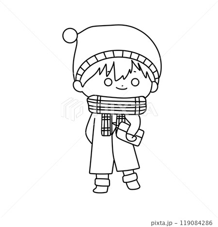 A boy wearing a hat and scarf is holding a book 119084286