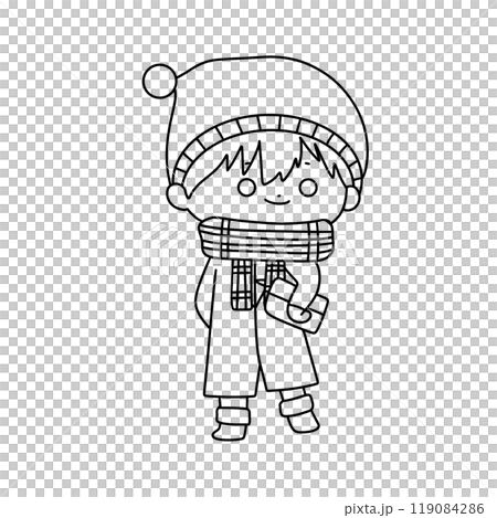 A boy wearing a hat and scarf is holding a book 119084286