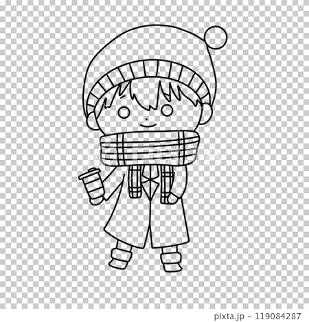 A boy wearing a hat and scarf is holding a cup of coffee 119084287