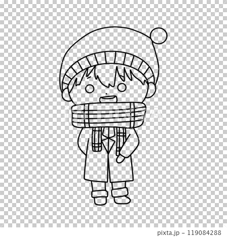 A boy wearing a hat and scarf is holding a scarf around his neck A boy wearing a hat and scarf is holding a scarf around his neck 119084288