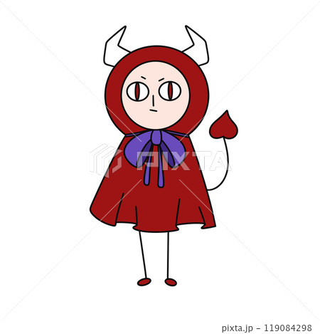 A cartoonish red and purple costume with a red hat and a purple bow 119084298