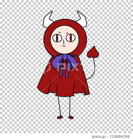 A cartoonish red and purple costume with a red hat and a purple bow 119084298