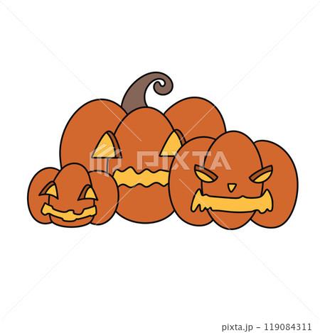 Three pumpkins with scary faces are shown in a row Three pumpkins with scary faces are shown in a row 119084311
