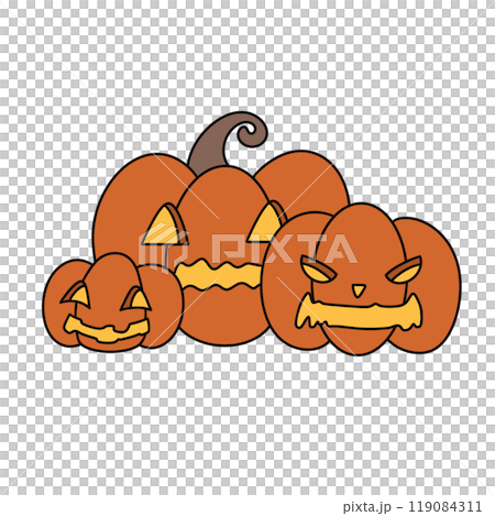 Three pumpkins with scary faces are shown in a row Three pumpkins with scary faces are shown in a row 119084311