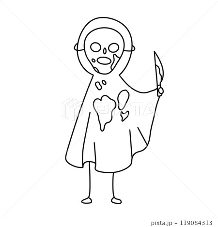 A skeleton is holding a knife and has a heart on its chest 119084313