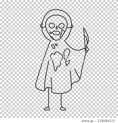 A skeleton is holding a knife and has a heart on its chest 119084313