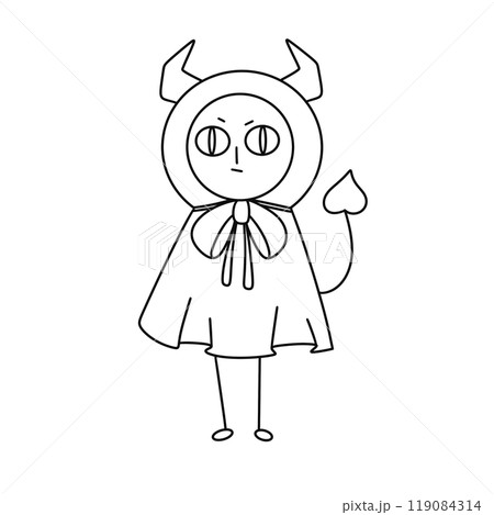 A cartoonish drawing of a devilish looking child wearing a cape and a hat 119084314
