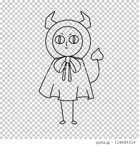 A cartoonish drawing of a devilish looking child wearing a cape and a hat 119084314