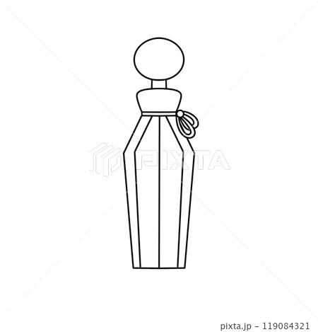 A perfume bottle with a white label and a black cap 119084321