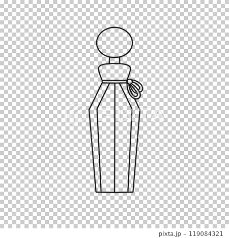 A perfume bottle with a white label and a black cap 119084321