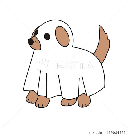 A cartoon dog is wearing a white sheet and has a funny expression on its face 119084331