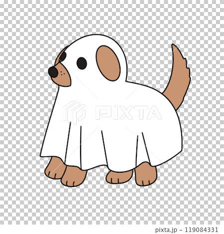 A cartoon dog is wearing a white sheet and has a funny expression on its face 119084331