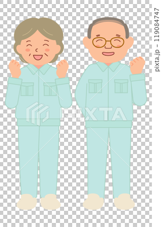 穿著工作服的高級工作人員微笑著打拳（全身） 119084747