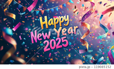Bright watercolor banners and transparencies with the inscription Happy New Year 2025 are hung 119085152
