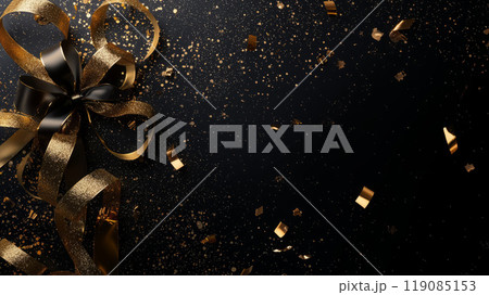 Black background with gold ribbons, glitter and small fireworks for New Year's Eve. Black background with gold ribbons, glitter and small fireworks for New Year's Eve. 119085153