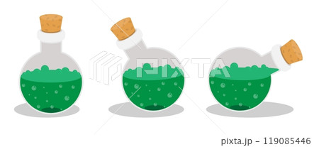 Chemical Glass bottle, test tube beaker with cork and green poisonous substance inside. Cartoon vector isolated on white background 119085446