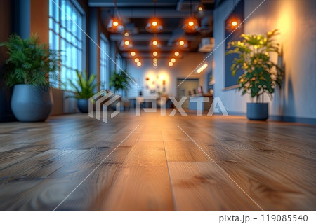 Defocus large room with a wooden floor and a few potted plants. Office is empty and has a modern feel to it 119085540